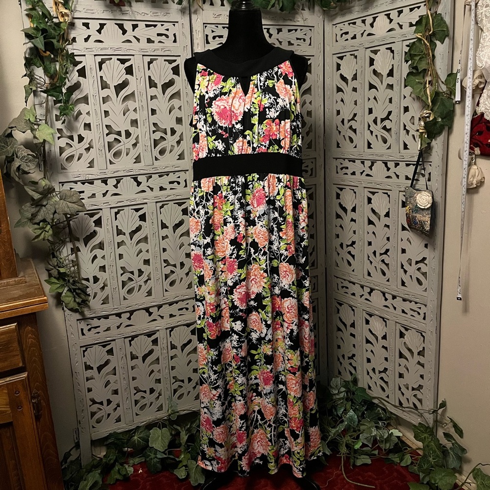 Emma & Michele Black Maxi Dress with Pink & Peach Floral Print